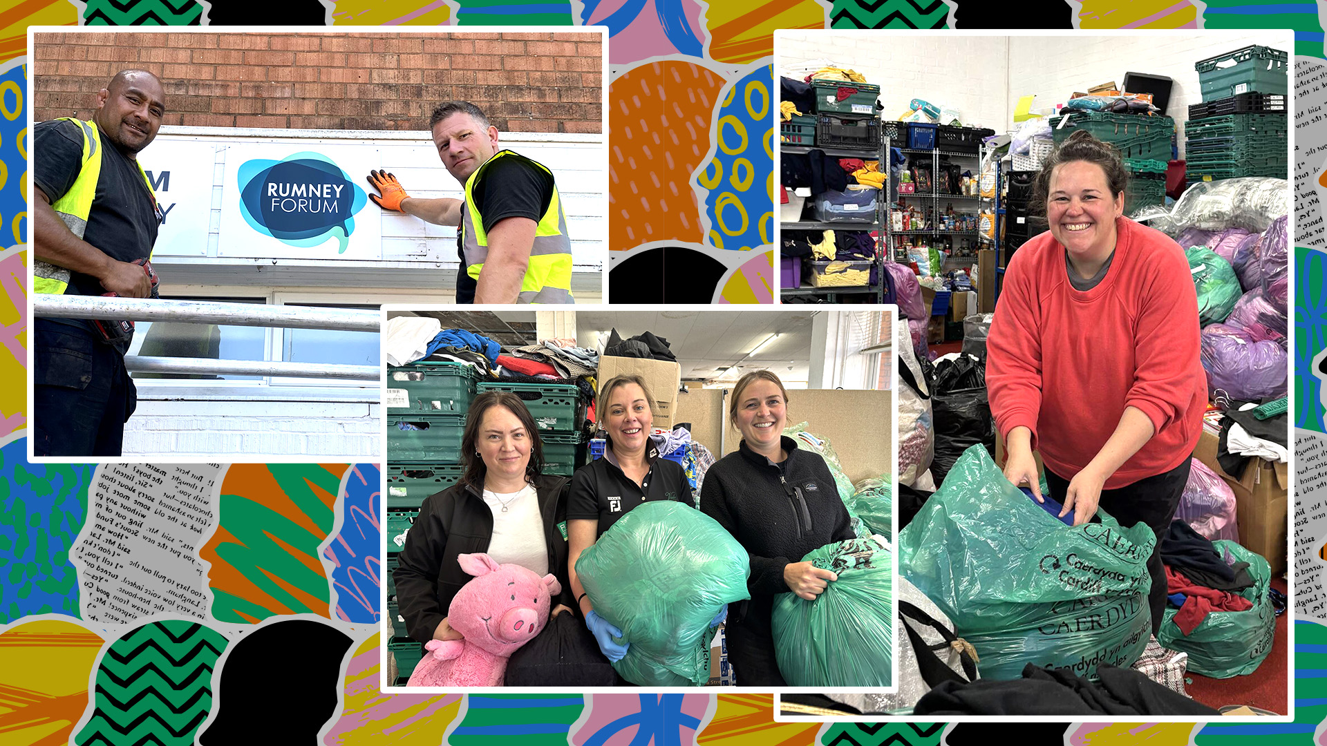 Images of volunteers over textured background