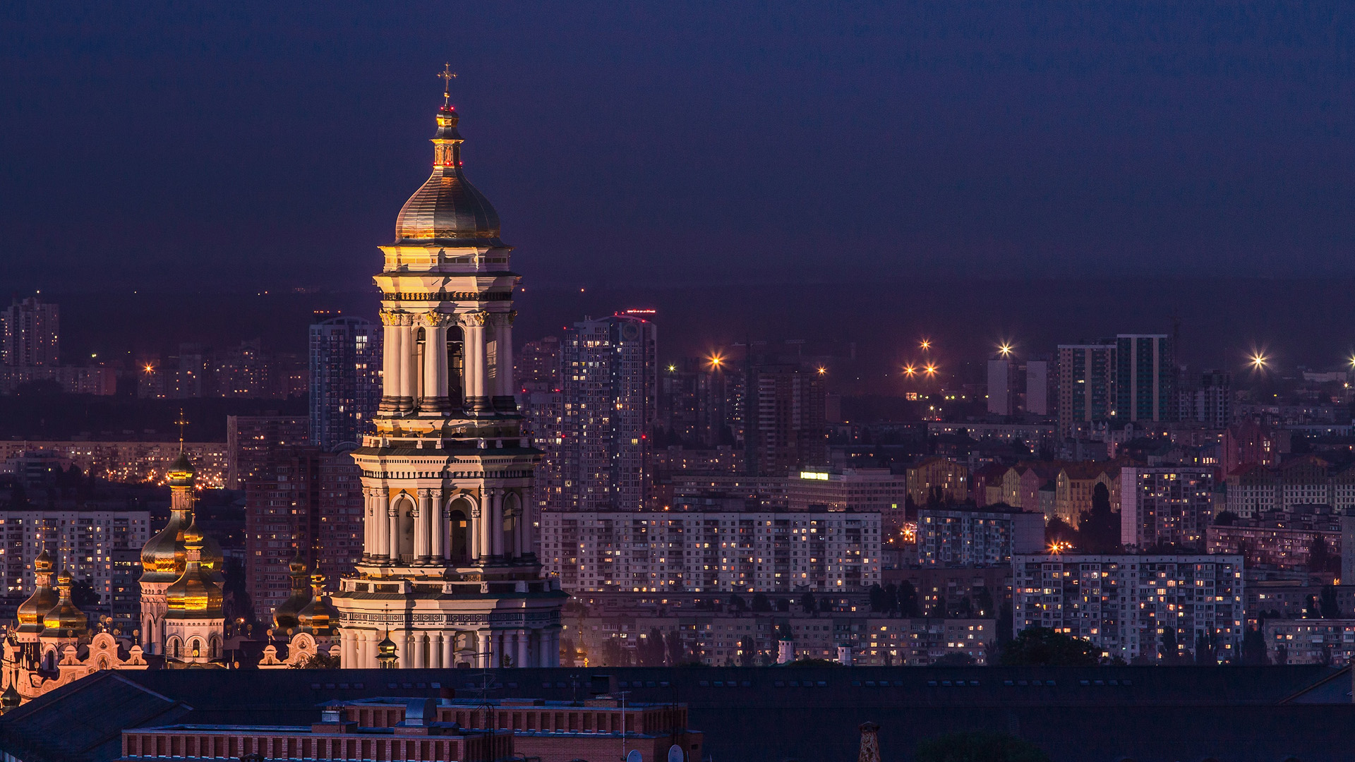 Church tower at night in Kyiv Ukraine