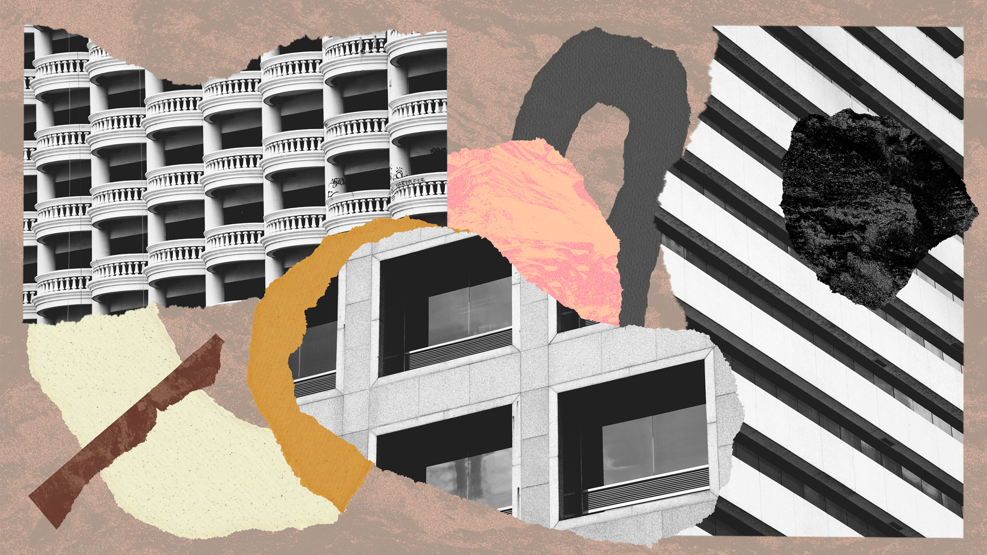 Collage of black and white buildings and textures