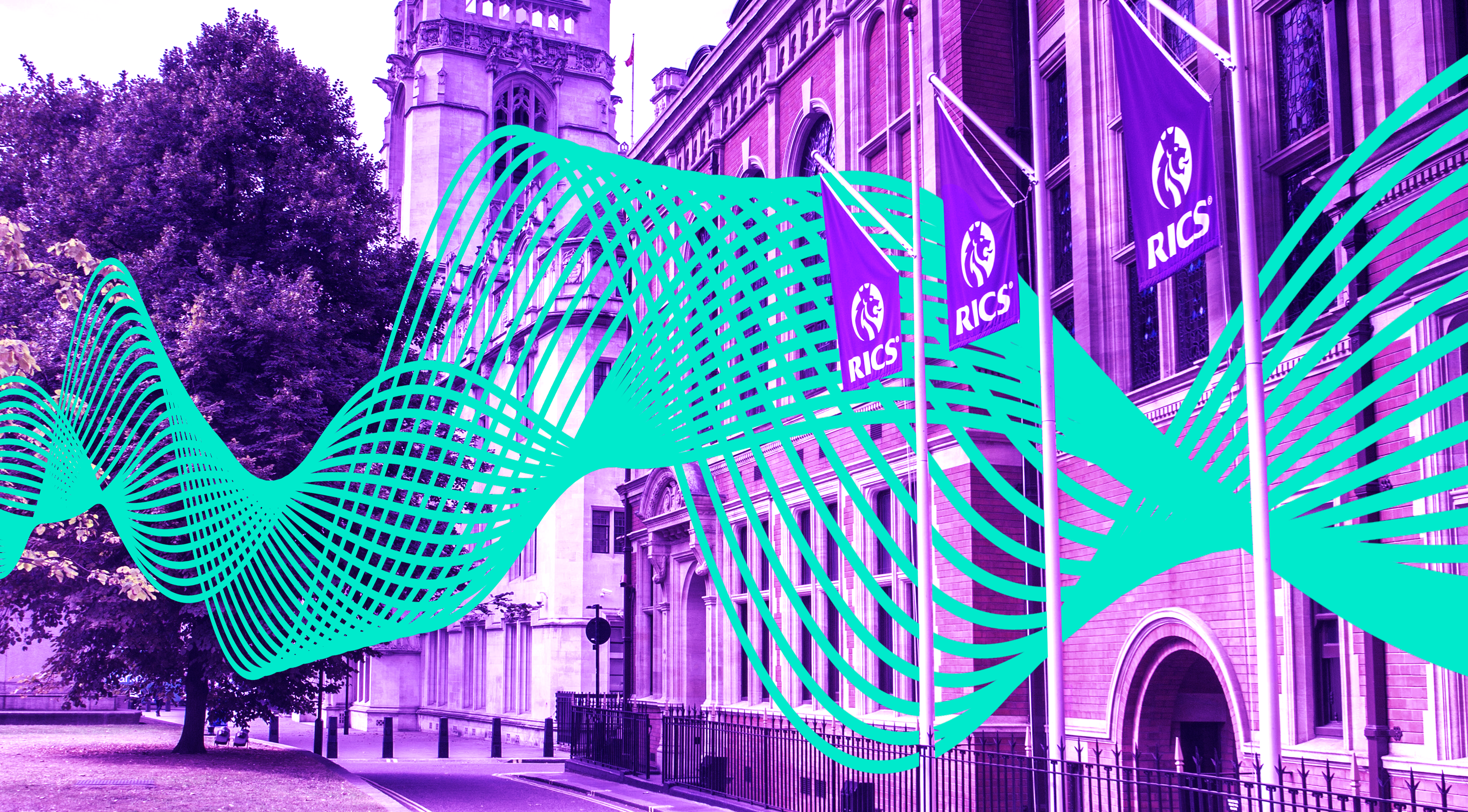 Photo of the RICS building with a teal sound wave