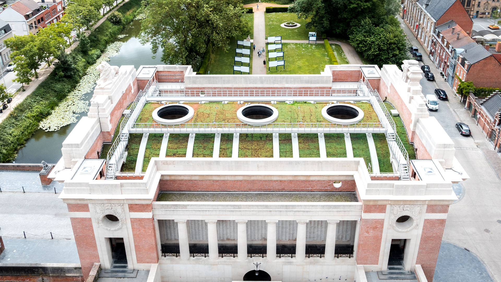 Aerial photo of Menin Gate's green roof after refurbishment