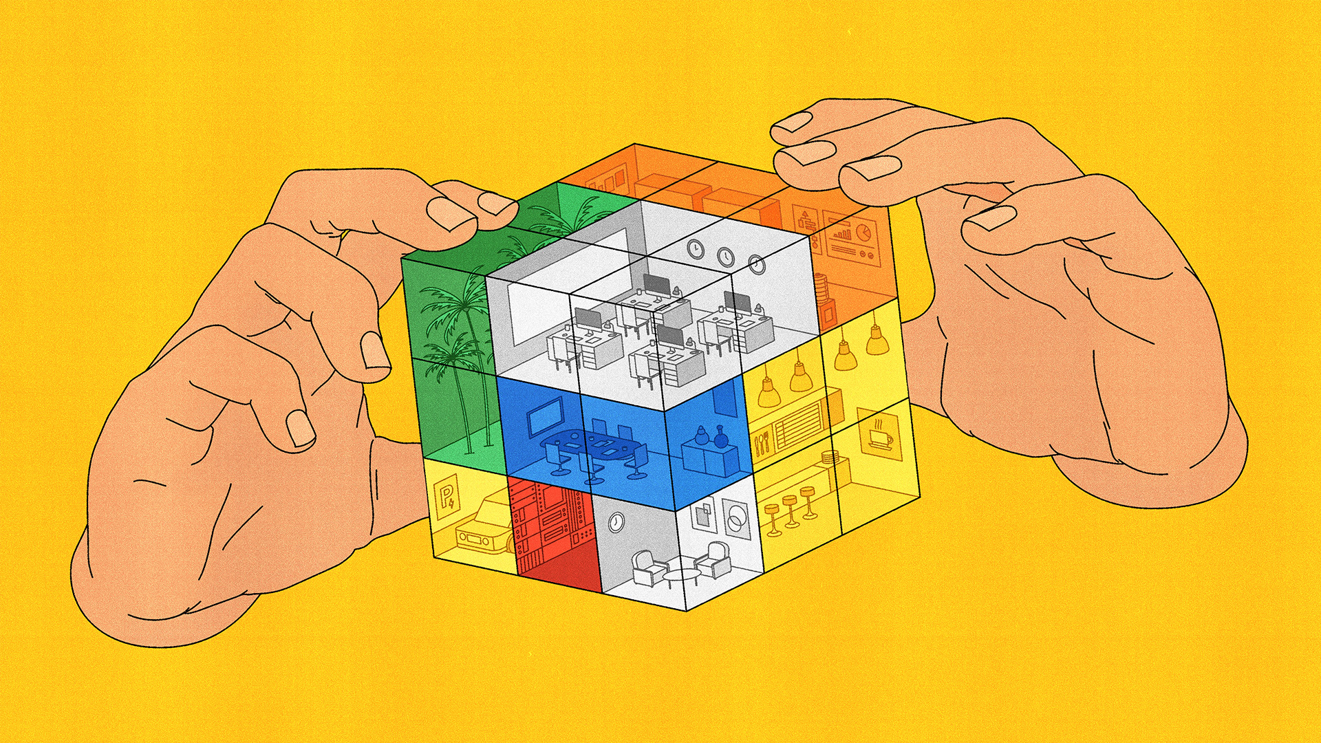 Floating hands solving a Rubik's cube made of parts of an office on a yellow background