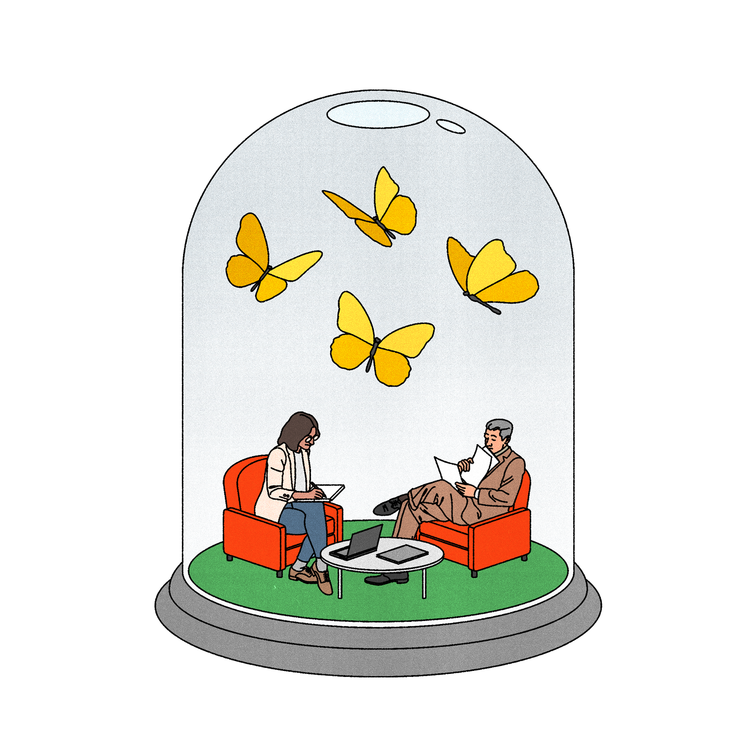 People working from a quiet peaceful jar filled with butterflies