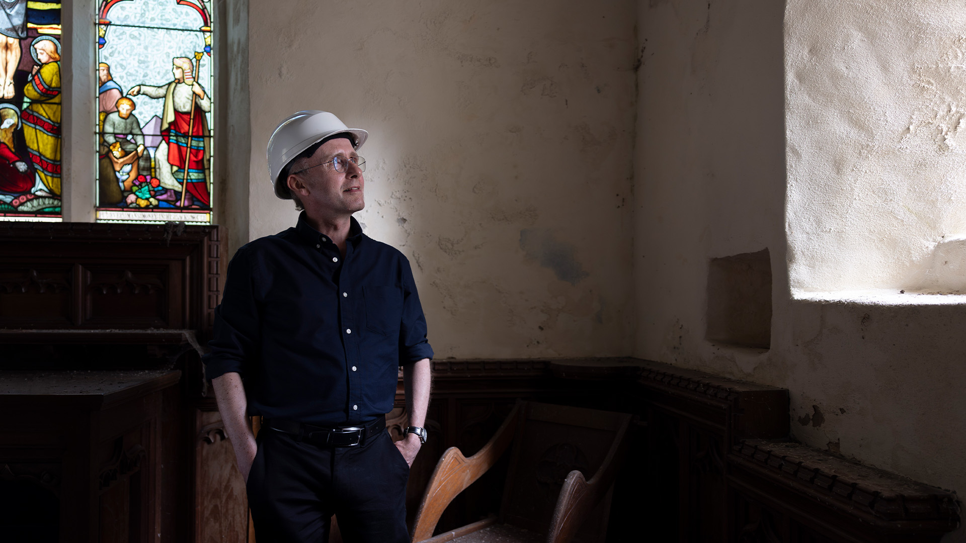 David Farrington MRICS in the Church of Saint Tyfrydog