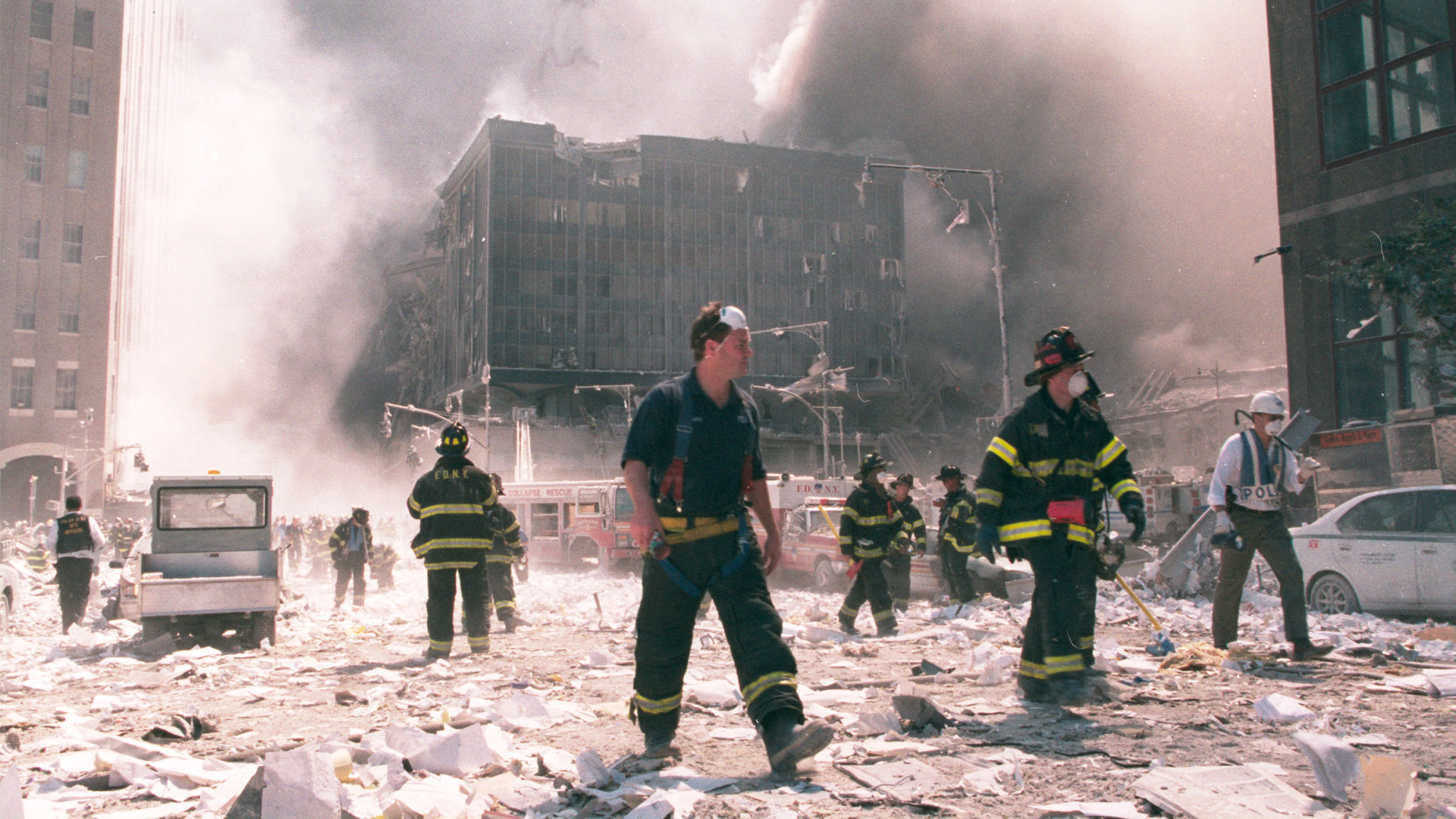 Firefighters in rubble after Nine Eleven 