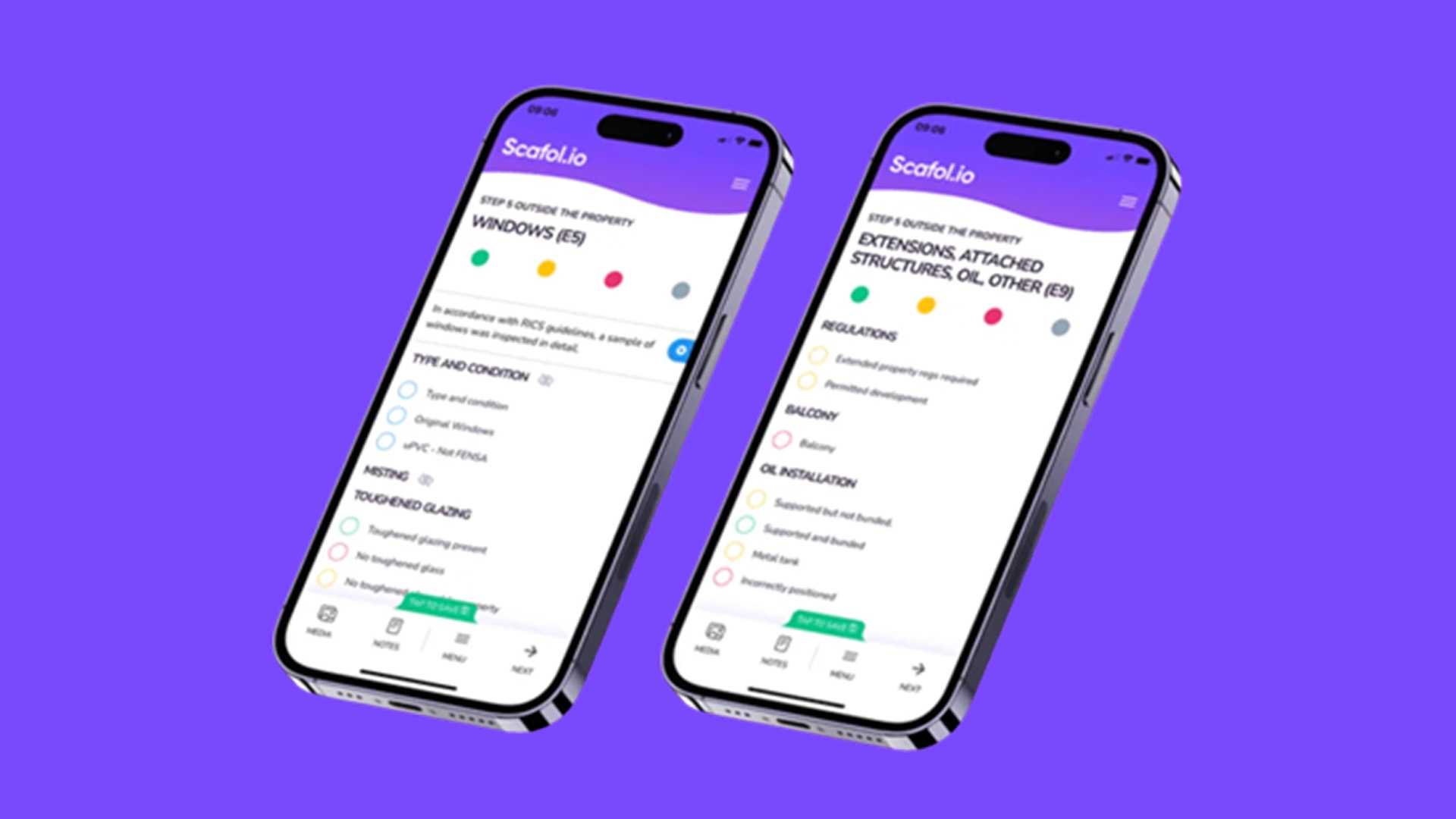 Two phones showing Scafol's software with a purple background.