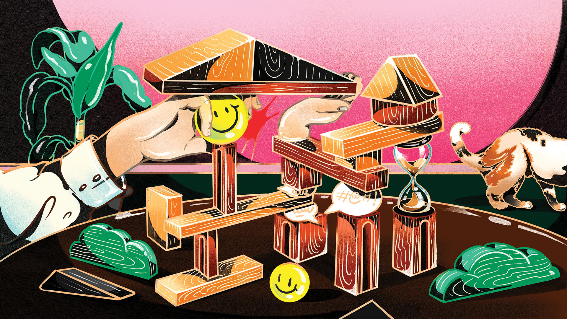 Illustration of a surveyor stacking blocks