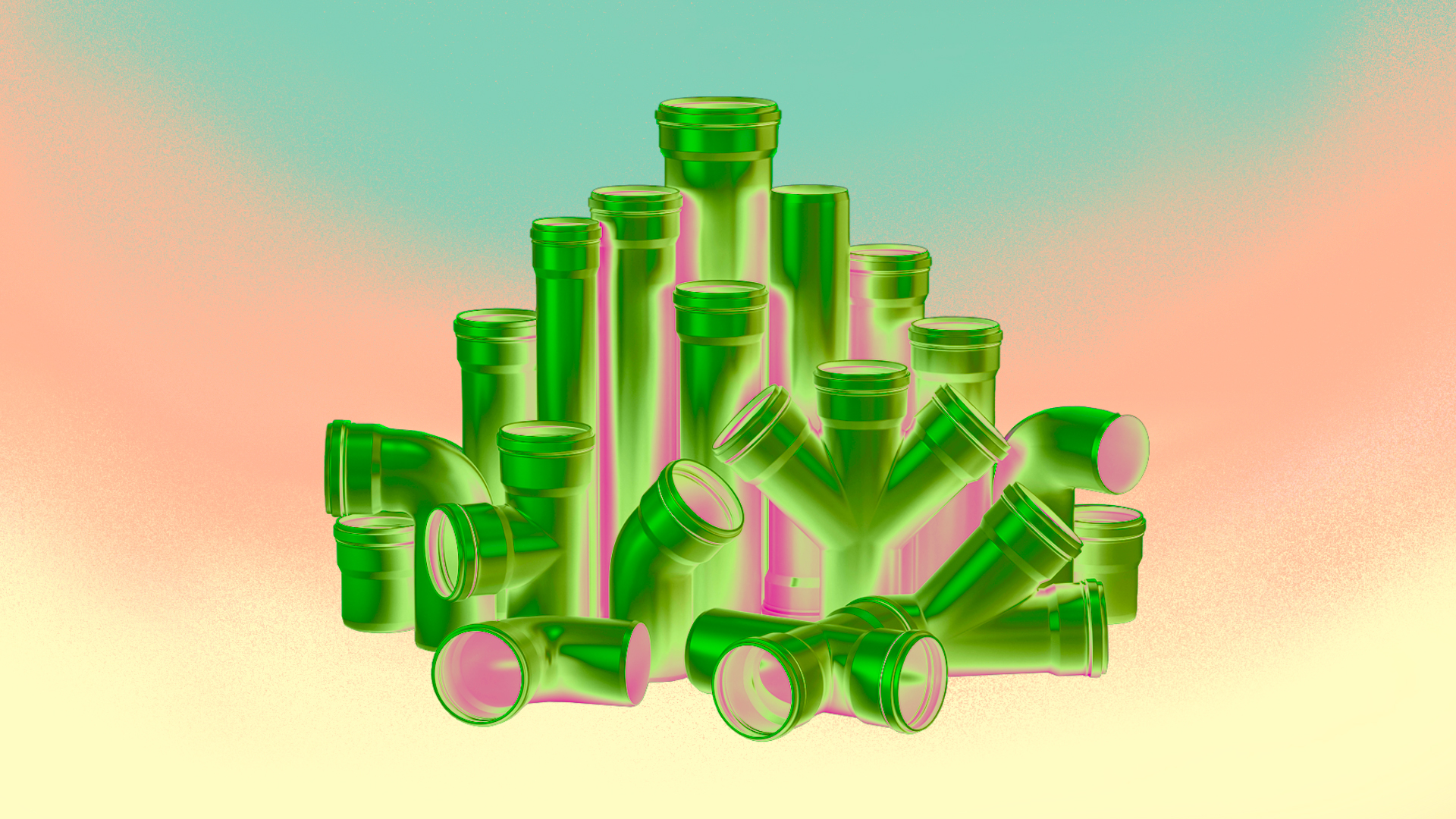 Pyramid of green tinted plastic pipes on blue, pink and yellow gradient background