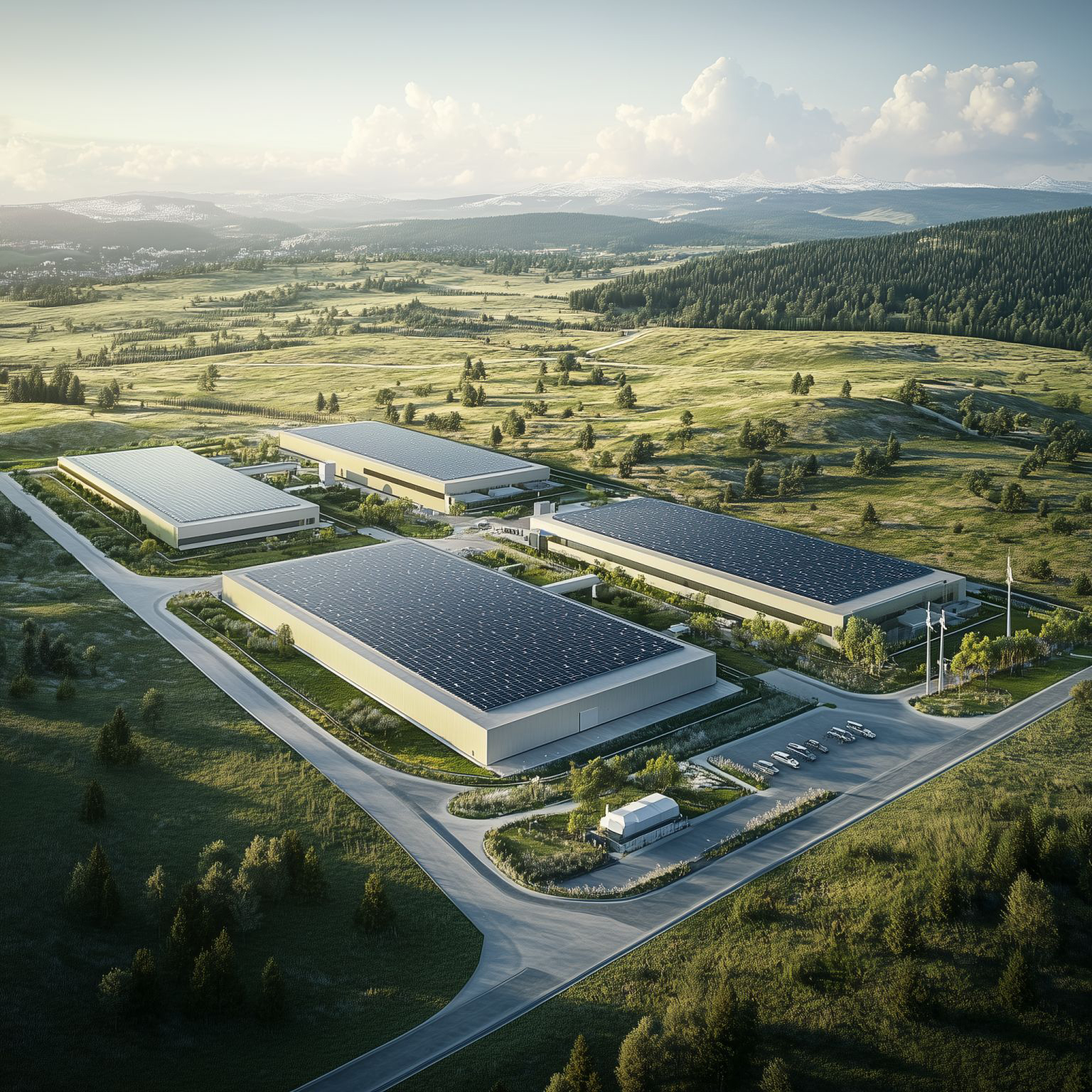 Render of geothermal powered date centre surrounded by green fields and mountains