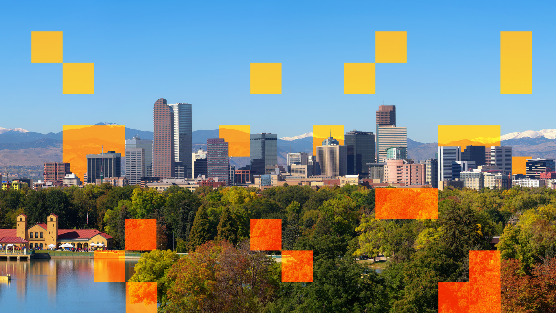 Landscape photo of the Denver skyline with orange squares collaged over the top