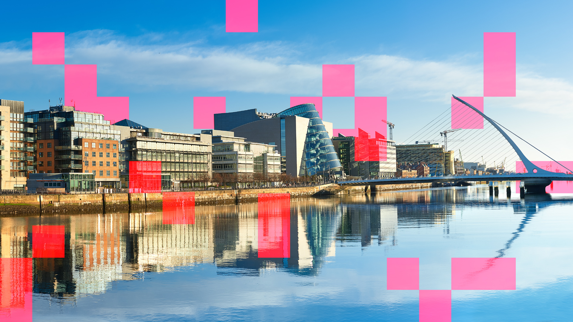 Landscape photo of the Dublin skyline with coral squares collaged over the top