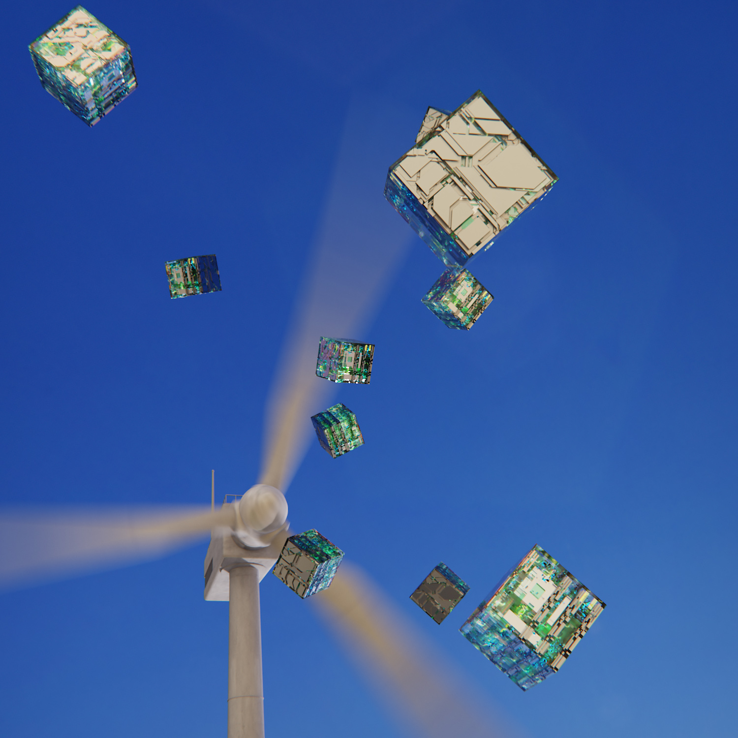 Wind turbine spinning and computer chip blocks flying around