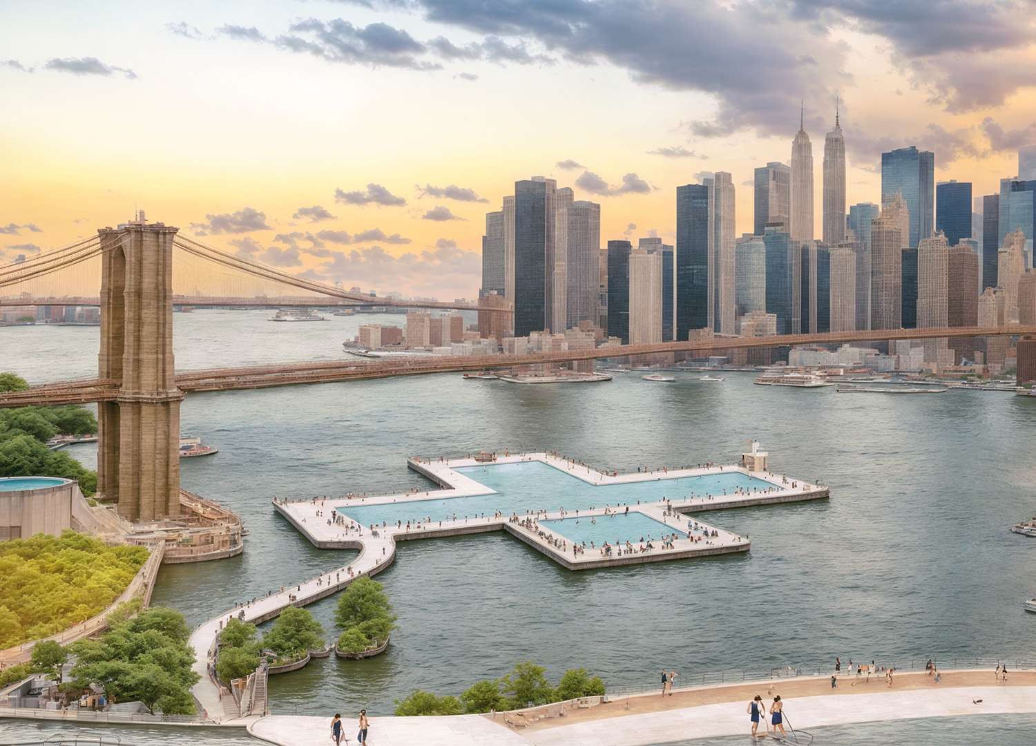 Rendering of a plus shapes pool on the river with a view of New York