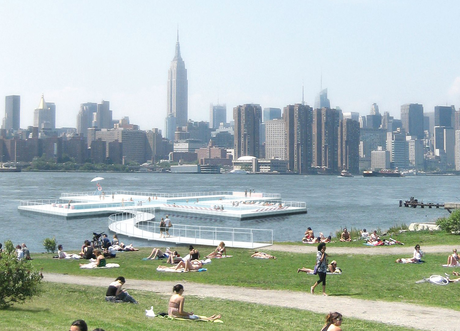 Plus shaped pool on the river with a skyline view of New York