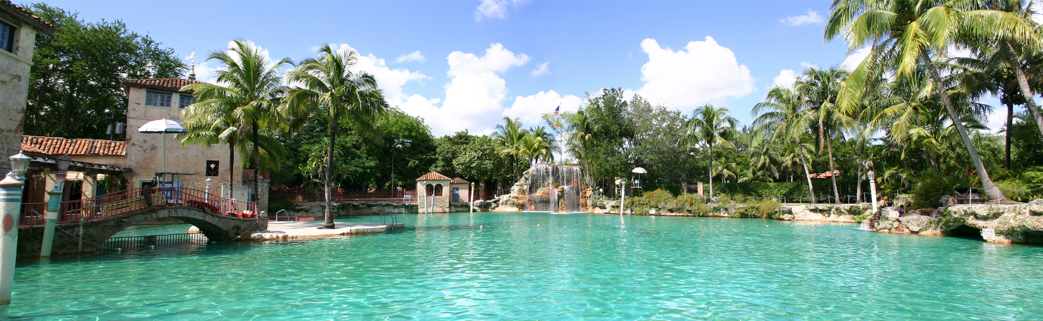 Pool surrounded by palm trees and Venetian style bridges