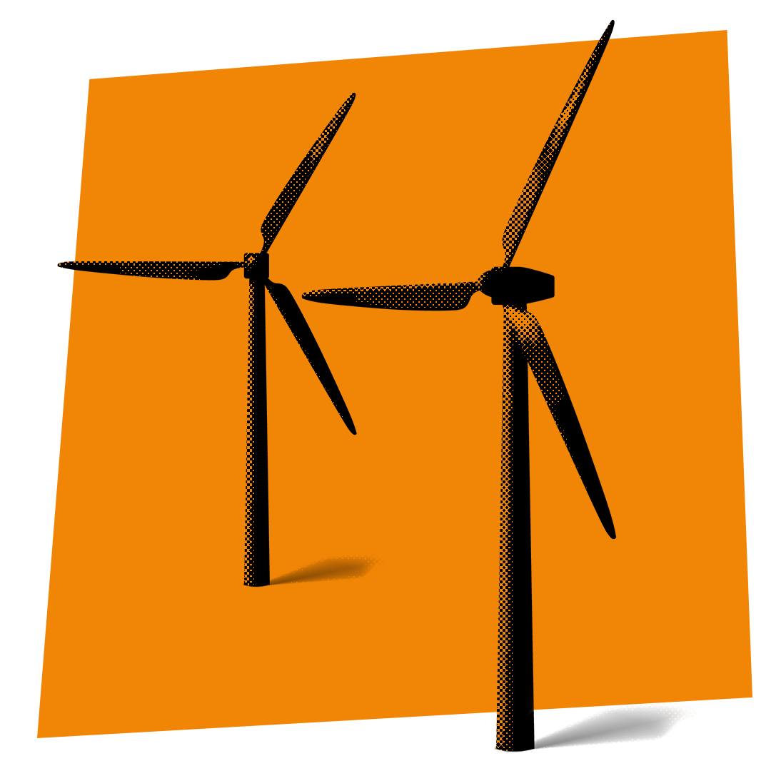 Halftone effect on two wind turbines on orange rectangle