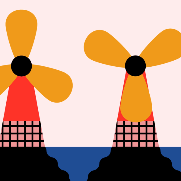 Animated colourful gif of a wind farm