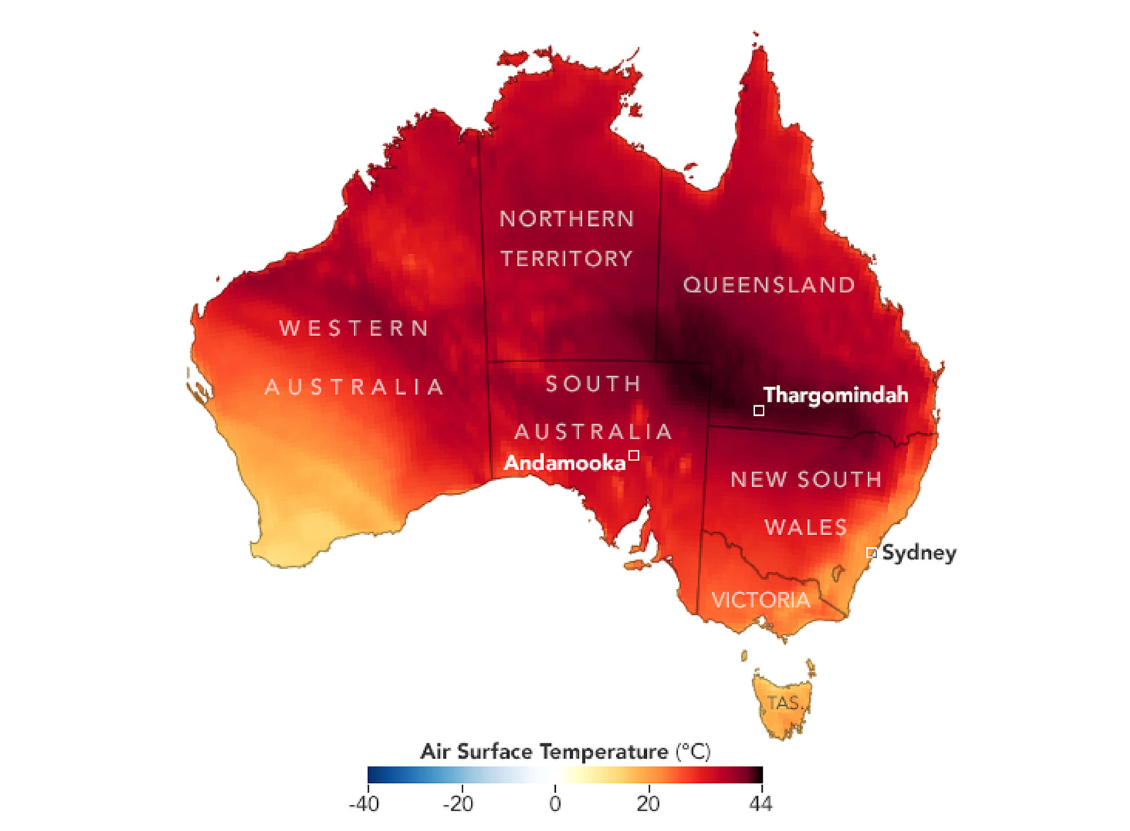 Map showing temperatures of Australia