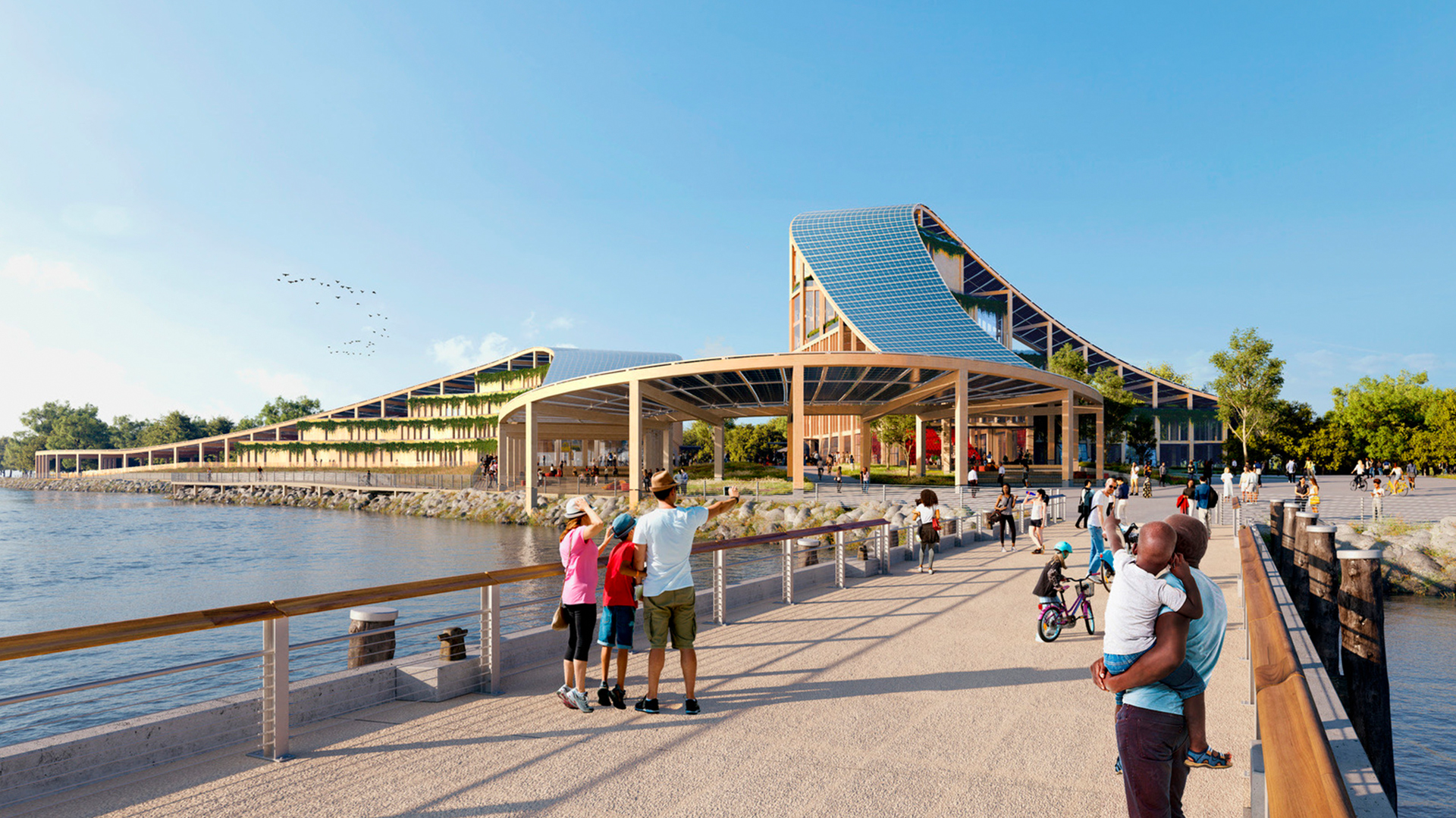 Render of new sustainable campus building next to the river