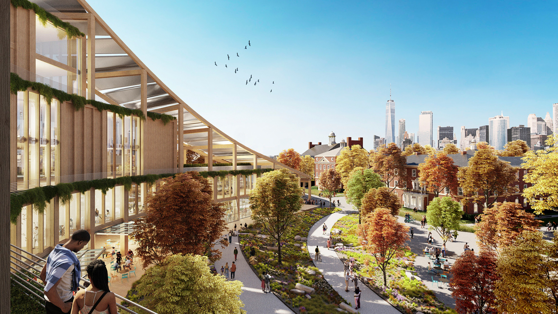 Render of new sustainable campus building with New York city in the background