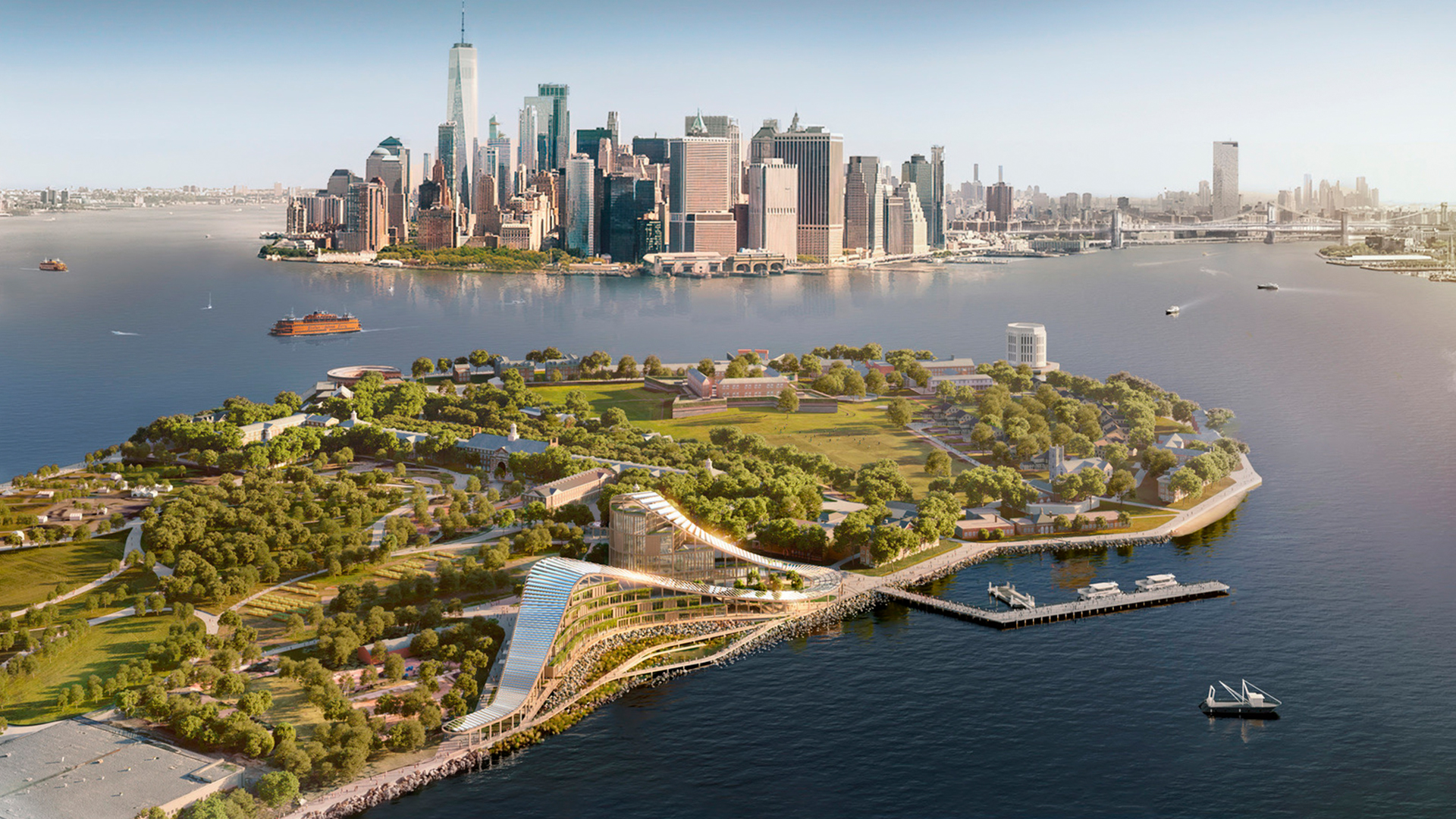 Governors Island with render of future sustainable campus and New York city in the background