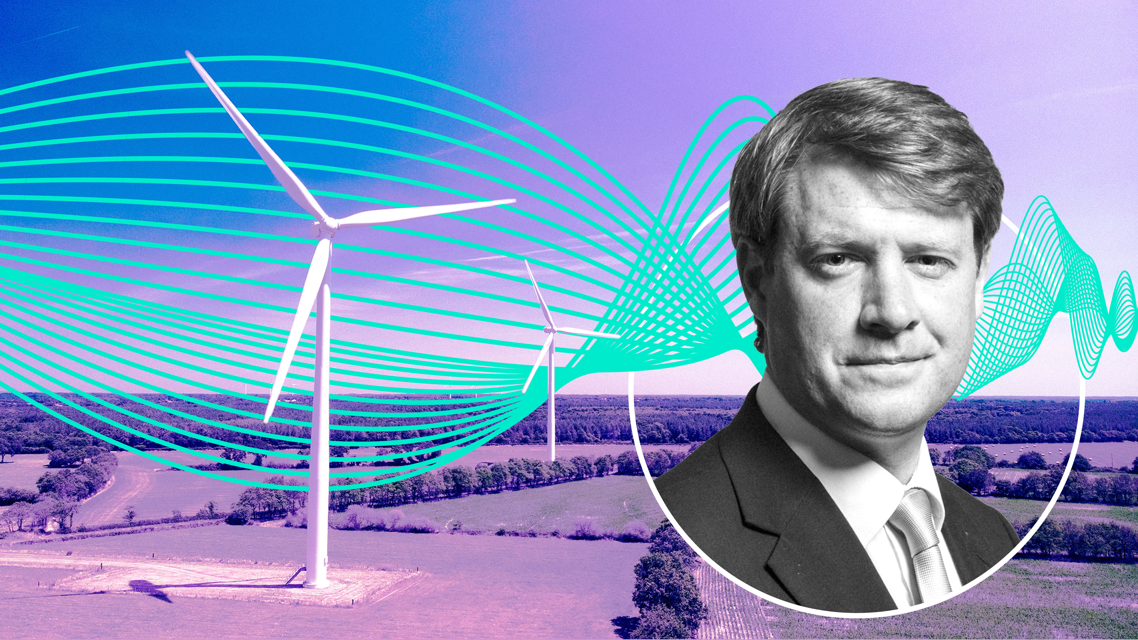 Two wind turbines in a field with an audio wave running through and a headshot of chris