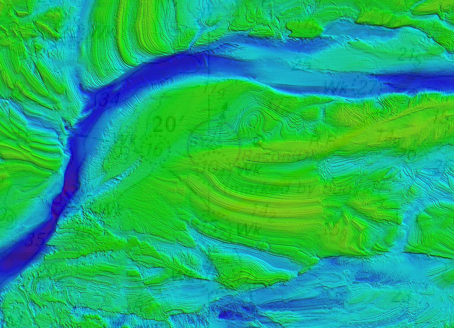 Green and blue colour coded map of channel terrain