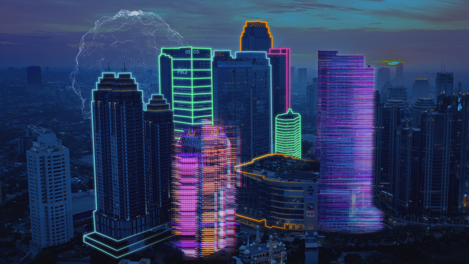 Illustration showing neon lights overlaid over a photo of a city