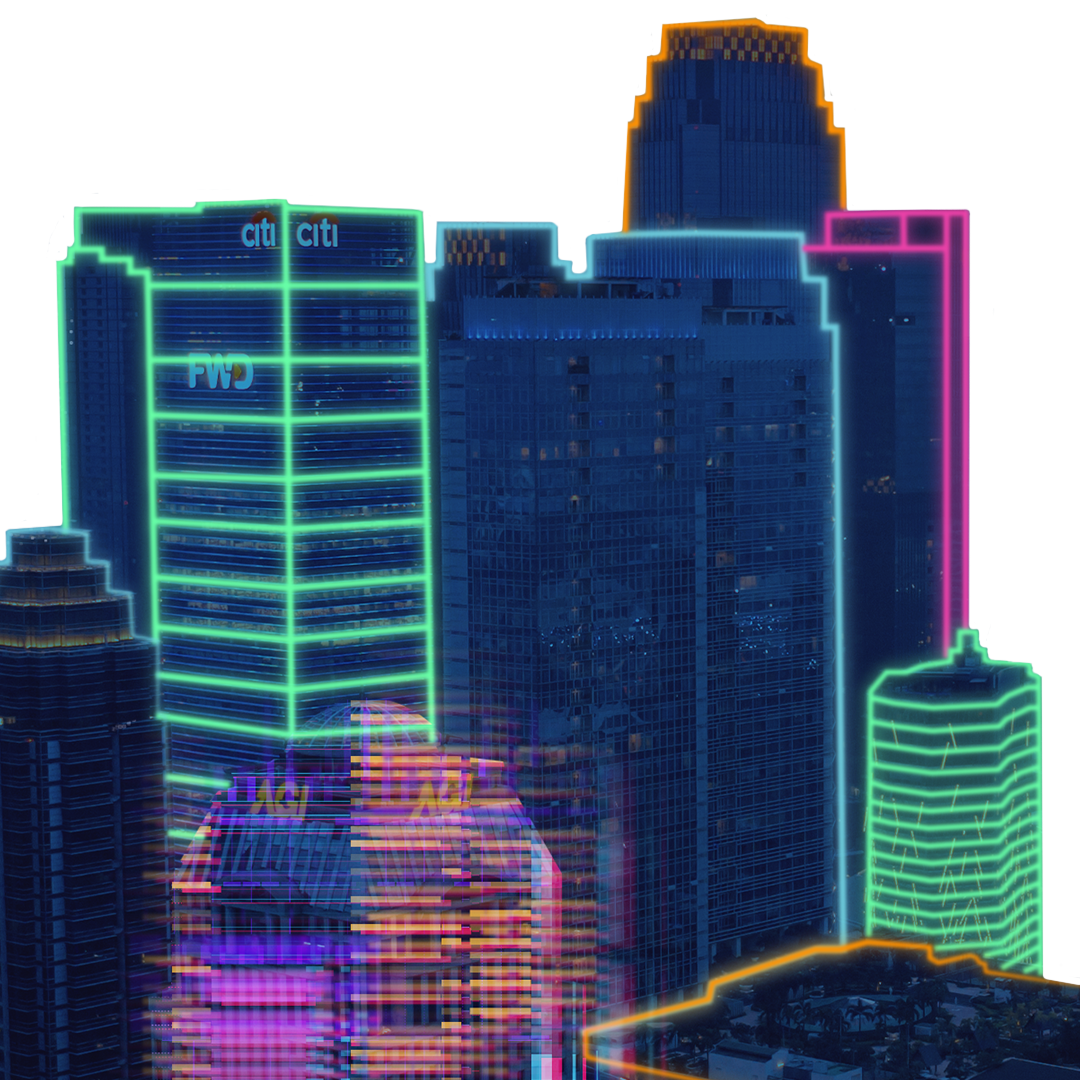 City skyline with skyscrapers outlined in neon colours and glitches