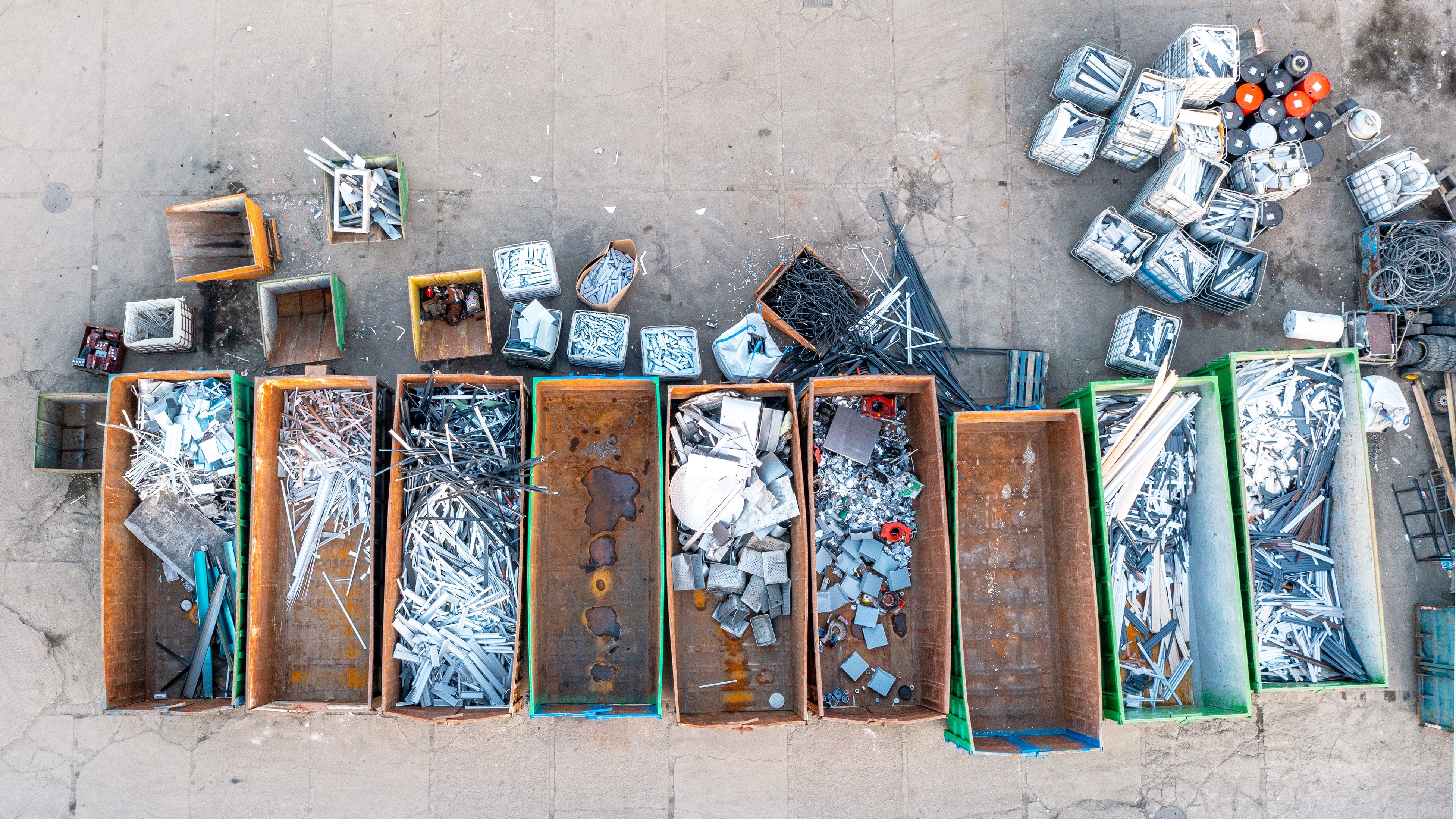 Containers from a height with different types of metal, Sorting for remelting metal products; Shutterstock ID 2068305497; purchase_order: na; job: CJ_Apr_23; client: ; other: 