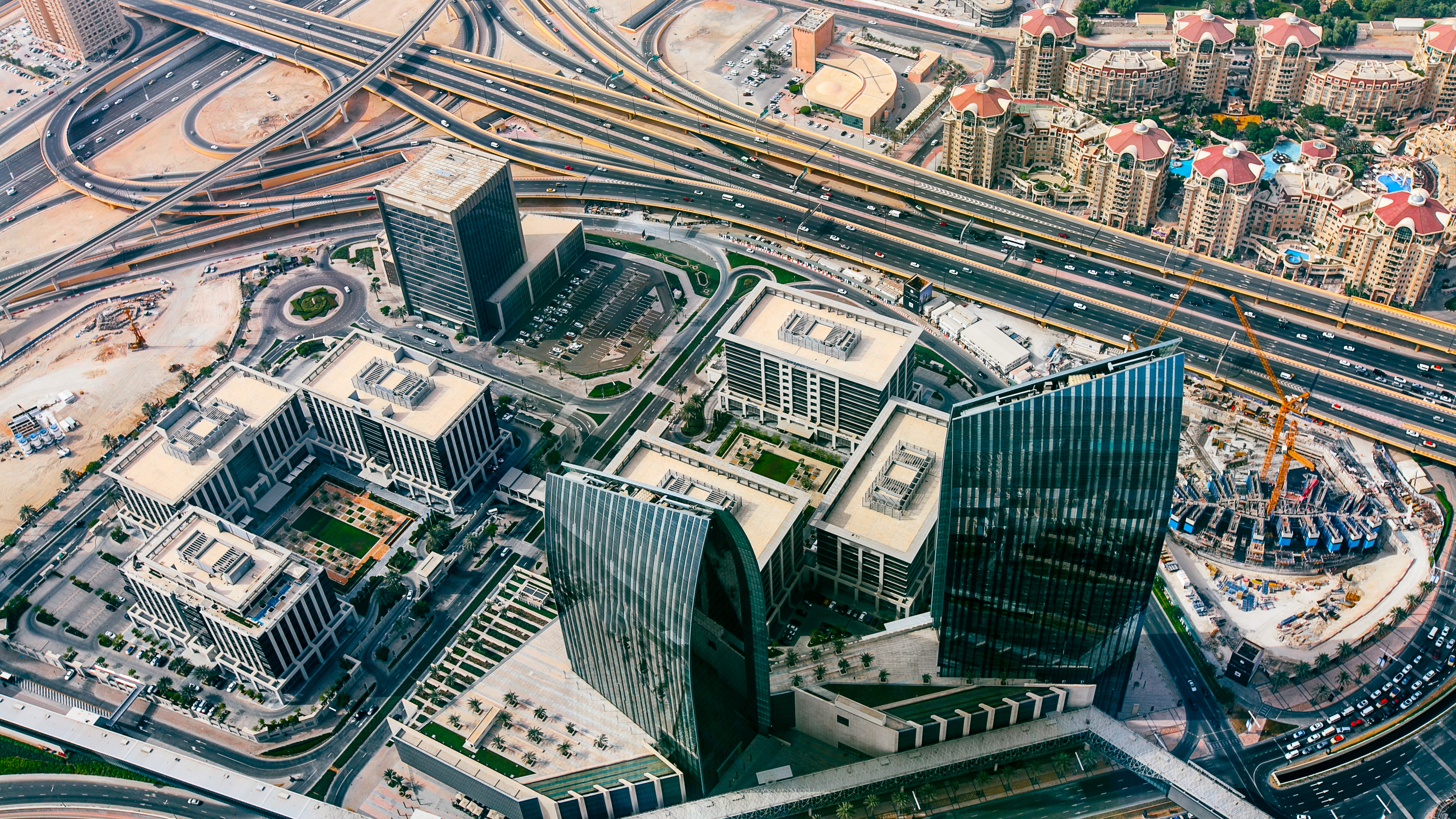 View from above of Dubai, United Arab Emirates including buildings and roads
