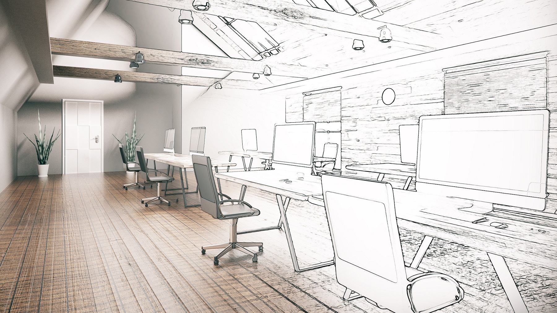 Modern office emerging from pencil style drawing