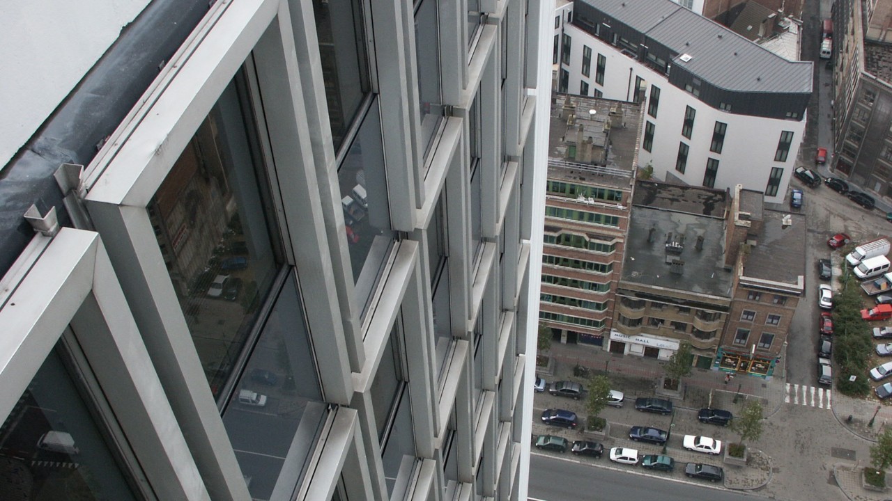 Aerial view of side of high rise office building